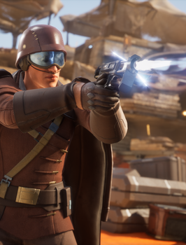 Dune trooper in Dune Awakening, with a helmet and pistol.
