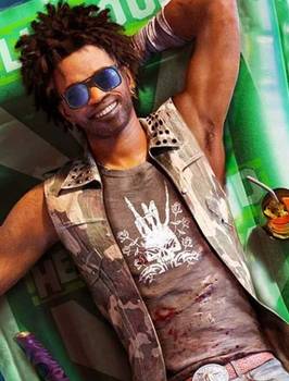 Dead Island 2 character Jacob on floatie with a katana and a drink.