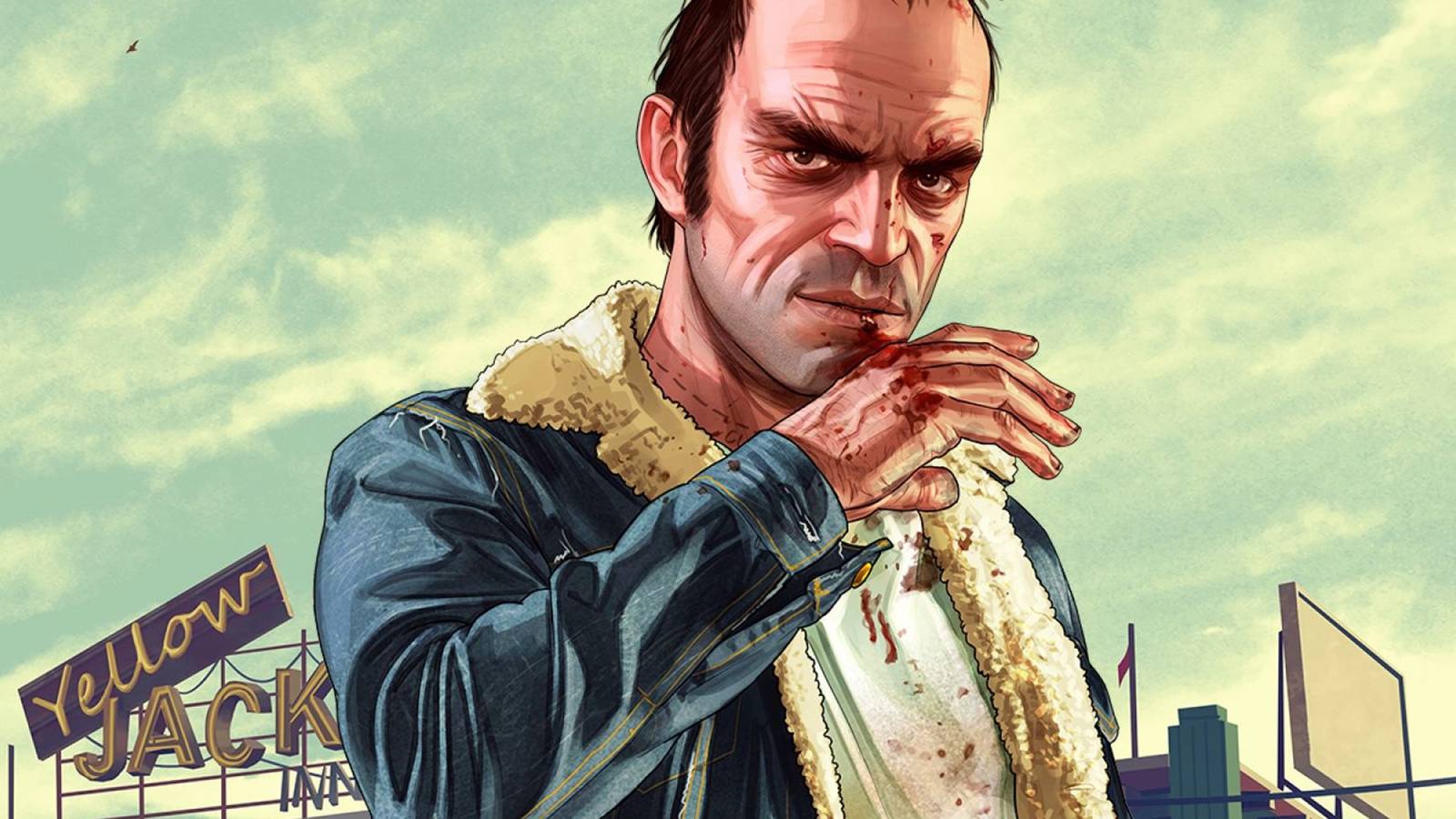 GTA 5 Trevor putting bloodied hand up to his mouth