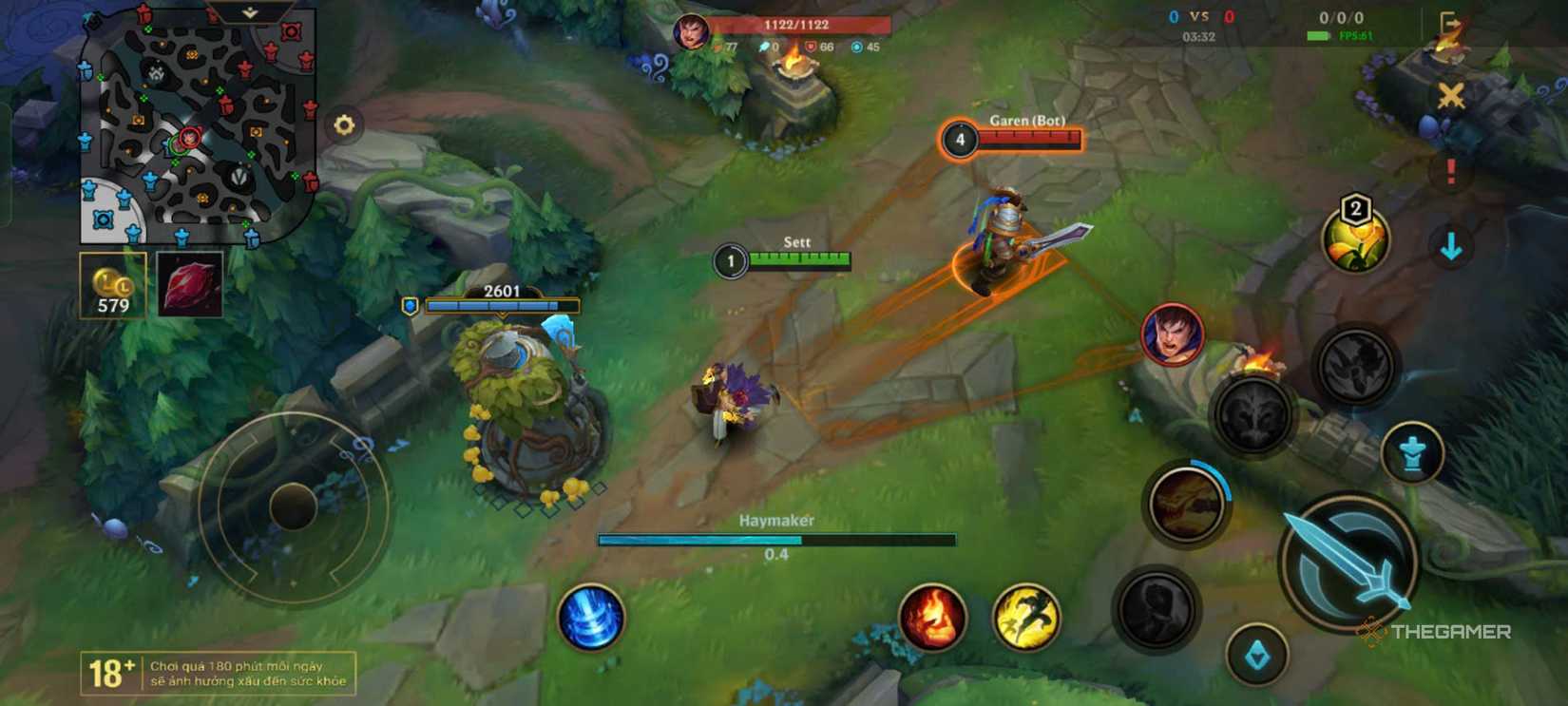 League of Legends Wild Rift Sett is attacking Garen with Haymaker.