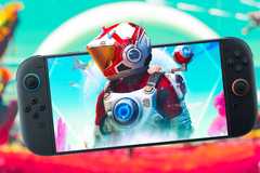 An image of the Traveller (main character type) from No Man's Sky superimposed onto a Nintendo Switch 2 console.